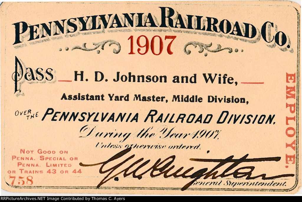 PRR Employe Pass, Front Side, 1907